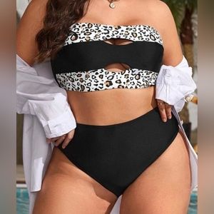 Shein Plus Leopard Print Cut Out Bandeau Bikini Swimsuit XXL